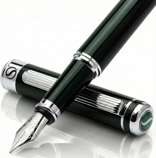 Scriveiner Black Green Fountain Pen - Stunning Luxury Pen with Chrome Finish, Schmidt Nib (Fine), Best Pen Gift Set for Men & Women, Professional, Executive, Office, Nice Pens