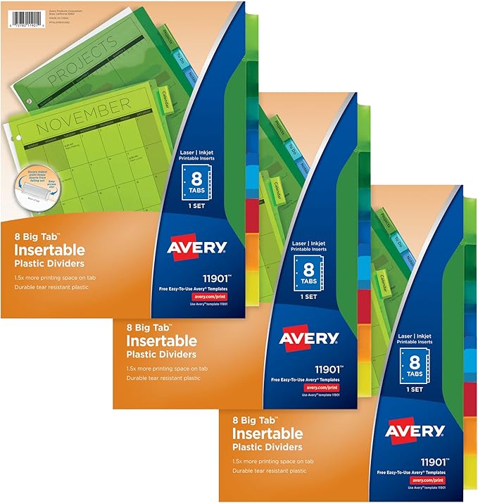 Avery Dividers for 3 Ring Binders, 8-Tab Plastic Binder Dividers, Insertable Big Tabs, Multicolor (3 Sets of 11901)