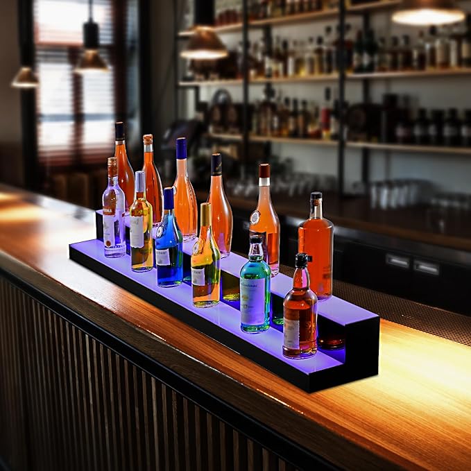 VEVOR LED Lighted Liquor Bottle Display, 2 Tiers 60 Inch Commercial Illuminated Home Bar Shelf, 2 Steps Whiskey Rack Stand, Acrylic Drink Shelves with RF Remote & App Control, and Multicolor Light