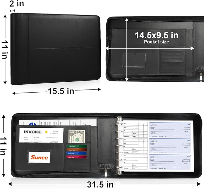 SUNEE Zippered Business Checkbook Binder 7 Ring 1 Inch with Zipper for Business Checks (9" x 13"), PU Leather Check Binder Holds 600 Checks Capacity for Executive Supplies, Black