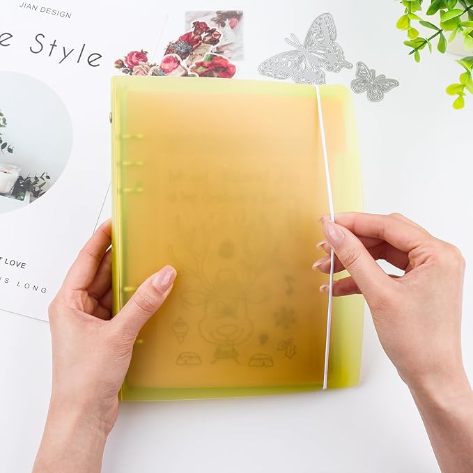 BAOFALI 2Pcs/Set A5 6 Ring Binder Cover Clean Transparent Soft PVC for Refillable Notebook Shell withMatte surfaceforStamp & Die Storage (Yellow)
