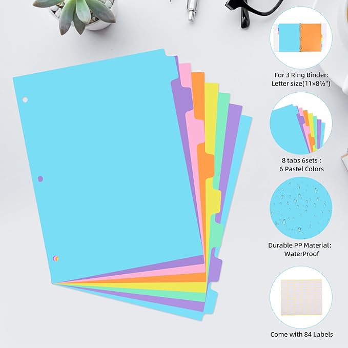 3 Ring Binder Dividers with TAB,48PCS/6 Set Plastic File Dividers,8 Tab 3 Hole Punch Dividers,Pastel Color,Letter Size,6 Sets