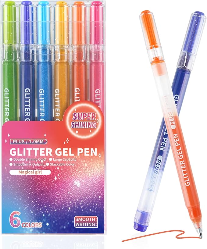 Glitter Gel Pens, 6 Colors Double Shining Colors Glitter Metallic Gel Ink Pen with 1.0 mm Large Capacity Smooth Writing Color Pens for Adult Coloring Note, Drawing, Art Supplies