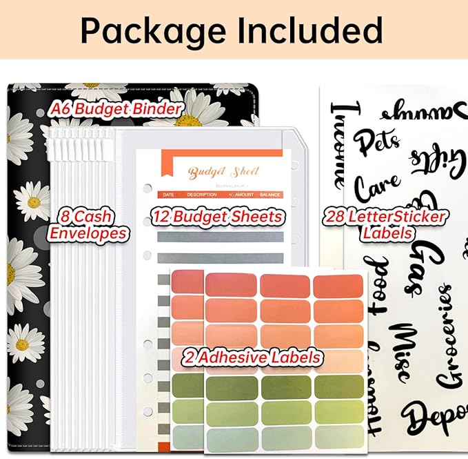 Budget Binder, Cute A6 Money Saving Binder with Zipper Envelopes, PU Leather Money Organizer for Cash, Expense Budget Sheets and Cash Envelopes for Budgeting White Daisy