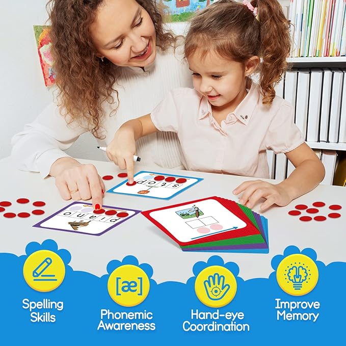 Torlam Elkonin Boxes Phonemic Awareness Phonics Games, Reading Spelling Sound Manipulatives Sight Word Flash Cards, Speech Therapy Toy Kindergarten Elementary Classroom Must Haves Homeschool Supplies