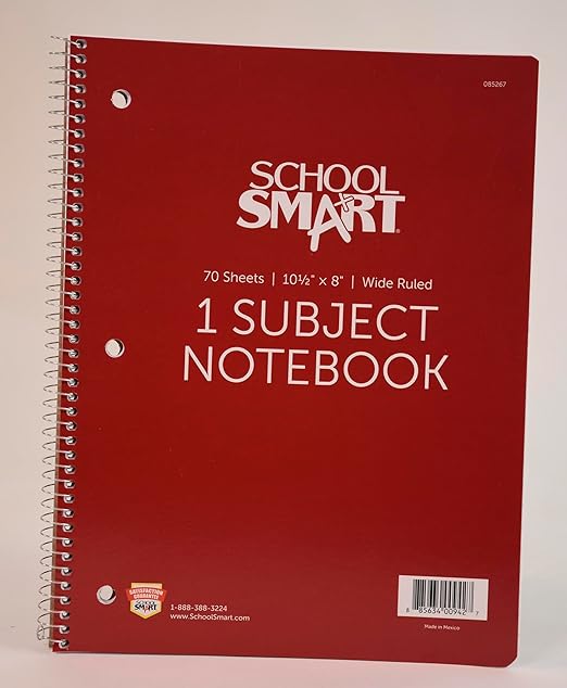 School Smart Spiral Wide Ruled Notebook, 8 x 10-1/2 Inches