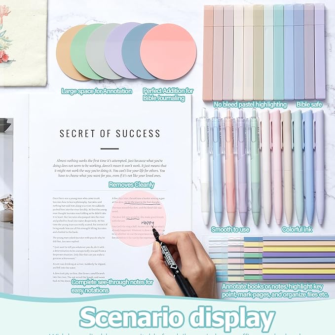 Book Annotation Kit, Aesthetic Bible Study Journaling Kit, 2640 Pcs Sticky Tabs, 300 Sticky Notes, 11 Gel Ink Pen, 12 Highlighter Marker, Pencil Case Pouch for Book Lover(Round)