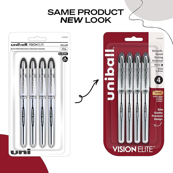 Uni-Ball 67180PP Vision Elite Rollerball Pens, Bold Point (0.8mm), Black, 4 Count (Pack of 2)