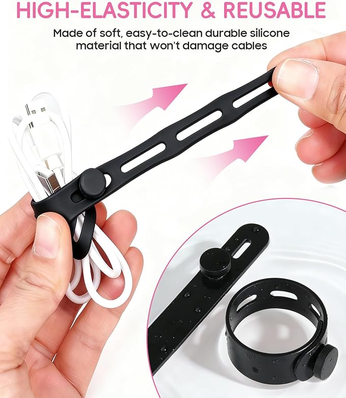 25Pack Silicone Cable Ties,Reusable Cord Organizer for Bundling Electrical Cords,Adjustable Data Cable Organizer Ties,High Elasticity Cable Straps for Home/Office/School/Travel(Black)