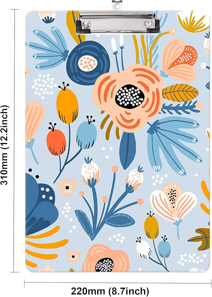 Fashion Clipboard, A4 Letter Size Wooden Decorative Clipboards for Teacher, Nurse, Doctor,Student and Kids, Cute Design for Standard Size 12.2" x 8.9" (C-Pretty Floral Blue)
