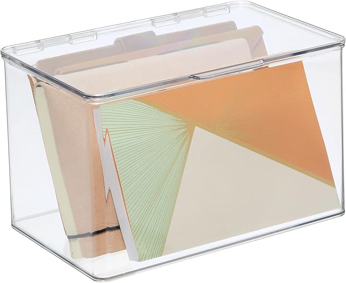 mDesign Small Plastic Home Office Storage Organizer Box Containers with Hinged Lid for Desktops - Holds Pens, Pencils, Sticky Notes, Highlighters, Staples, and Supplies - Lumiere Collection - Clear