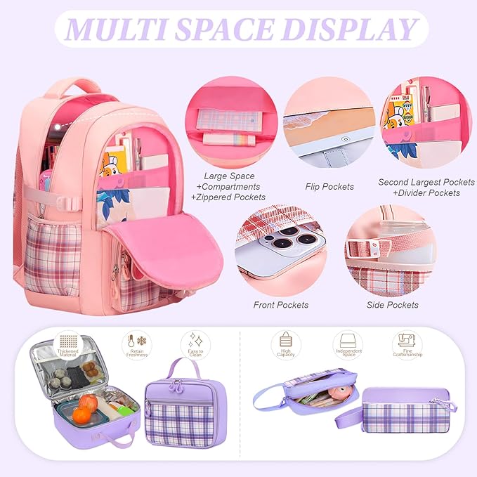 3PCS Girls Backpack Set for School - Cute Kids Bookbag with Lunch Box & Pencil Case, Stylish Backpack Combo for Girls Preschool Elementary Middle High School Students Teens Purple