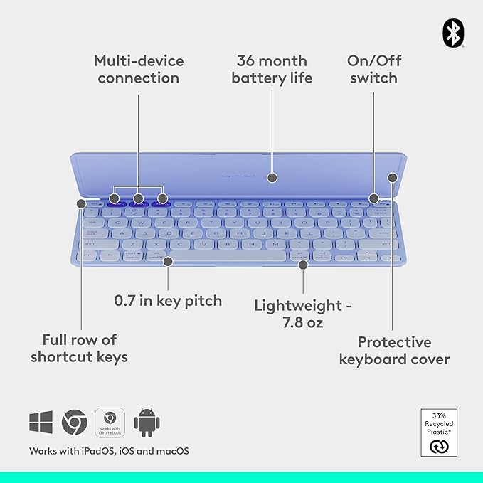 Logitech Keys-to-GO 2 Portable Bluetooth Tablet Keyboard with Built-in Cover, Slim & Compact Wireless Keyboard for Windows, Android, Linux, iPad, iPhone, Mac, Apple TV - Lilac