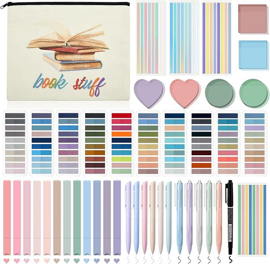 Book Annotation Kit, Aesthetic Bible Study Journaling Kit, 2640 Pcs Sticky Tabs, 300 Sticky Notes, 11 Gel Ink Pen, 12 Highlighter Marker, Pencil Case Pouch for Book Lover(Mixed)