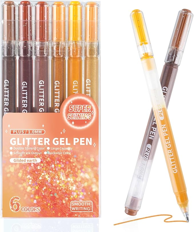 Glitter Gel Pens, 6 Colors Double Shining Colors Orange Glitter Metallic Gel Ink Pen with 1.0 mm Large Capacity Smooth Writing Color Pens for Adult Coloring Note, Drawing, Art Supplies