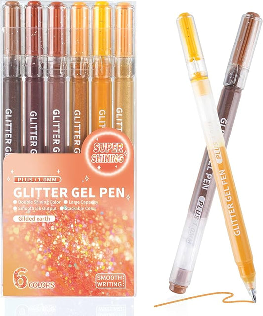 Glitter Gel Pens, 6 Colors Double Shining Colors Orange Glitter Metallic Gel Ink Pen with 1.0 mm Large Capacity Smooth Writing Color Pens for Adult Coloring Note, Drawing, Art Supplies
