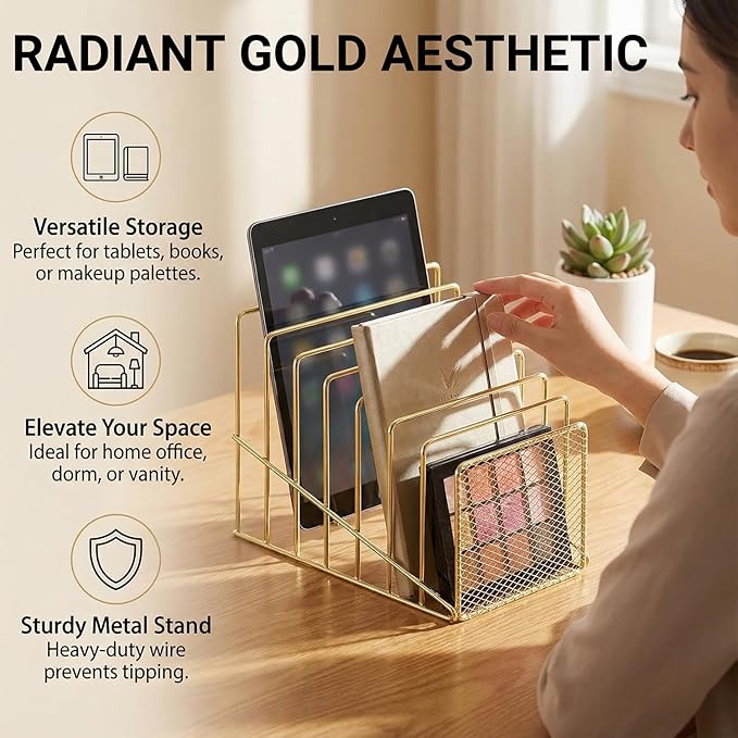 Simmer Stone 2 pcs Incline File Sorter, 7 Slot Magazine Holder for Letter, Document, Folder and Book, Metal Desktop Organizer Rack for Home, School and Office (2-gold)