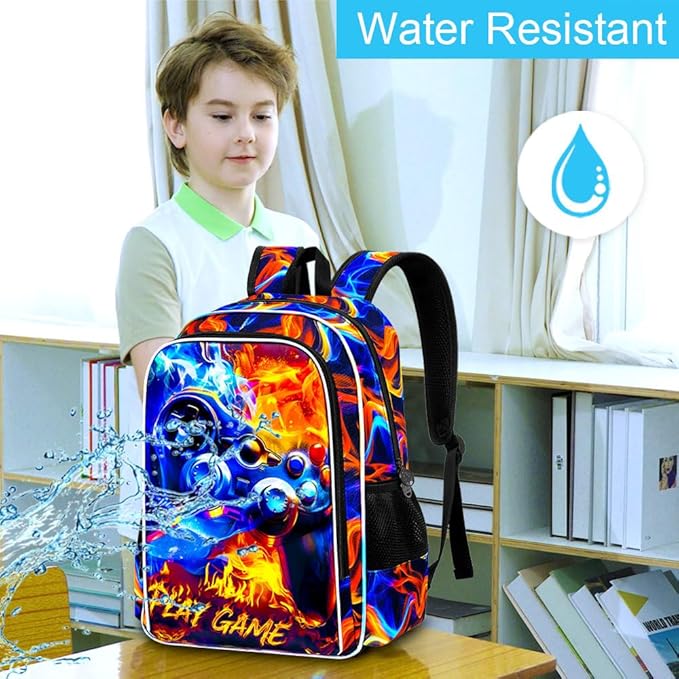 KLFVB 3PCS Bookbag for Boys, 17" Boys Game Backpack and Lunch Box, Water Resistant Teenagers Backpacks for Middle Elementary - Flame Game