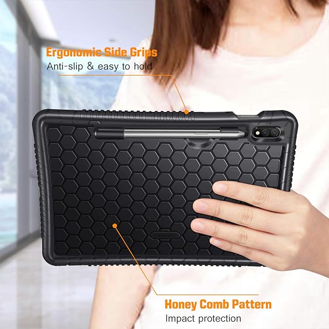 Fintie Silicone Case for Samsung Galaxy Tab S8/Tab S7 11 Inch (Model SM-X700/X706/T870/T875/T878), [S Pen Holder] Honey Comb Series Kids Friendly Light Weight Shock Proof Protective Cover, Black