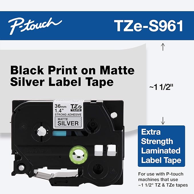Brother Genuine P-touch TZE-S961 Tape1-1/2" (1.4") Wide Extra-Strength Adhesive Laminated Tape,Black on Matte Silver Laminated for Indoor or Outdoor,Water-Resistant, 1.4" x 26.2' (36mm x 8M),TZES961