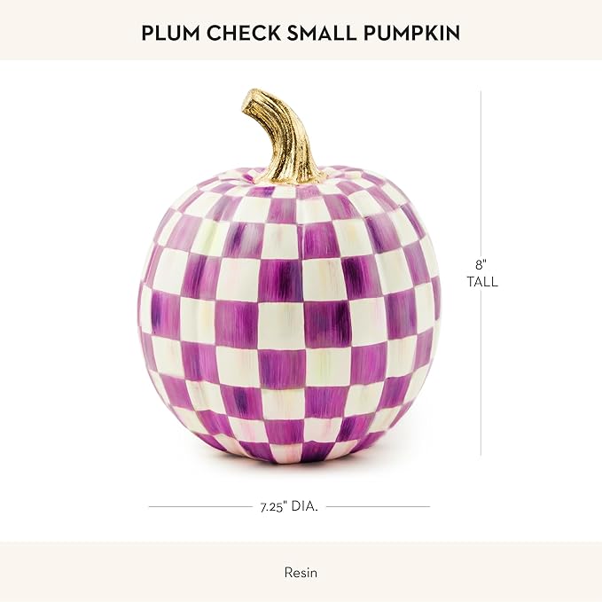 MACKENZIE-CHILDS Small Pumpkin, Resin Halloween Home Decor, Purple-and-White Plum Check
