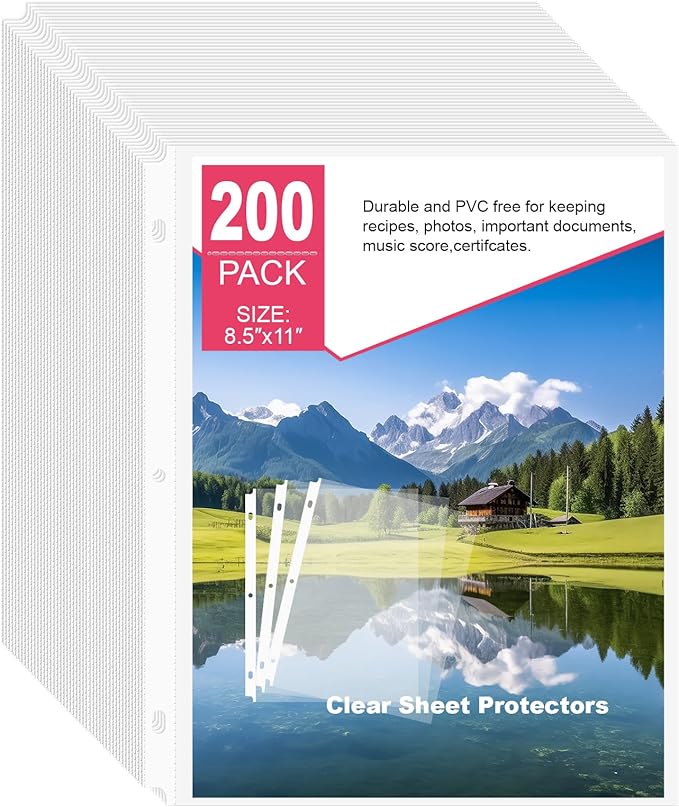 200-Pack Standard Weight Sheet Protectors 8.5"x11" Top-Loading Acid-Free Document Sleeves for School, Office, Home & 3-Ring Binders