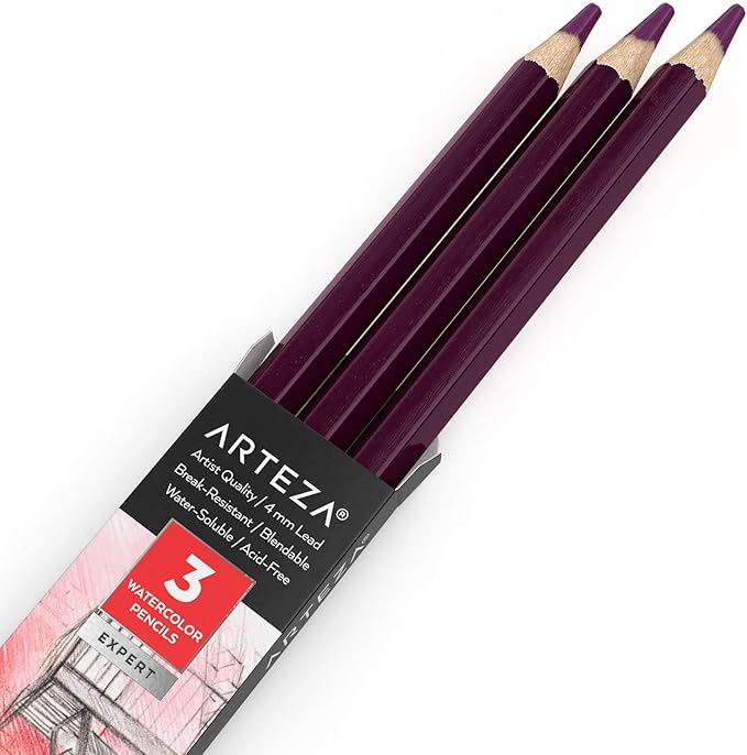 Arteza Professional Watercolor Pencils, Pack of 3, А413 Eggplant Purple, Water-Soluble Pencils for Coloring, Blending, Layering & Watercolor Techniques