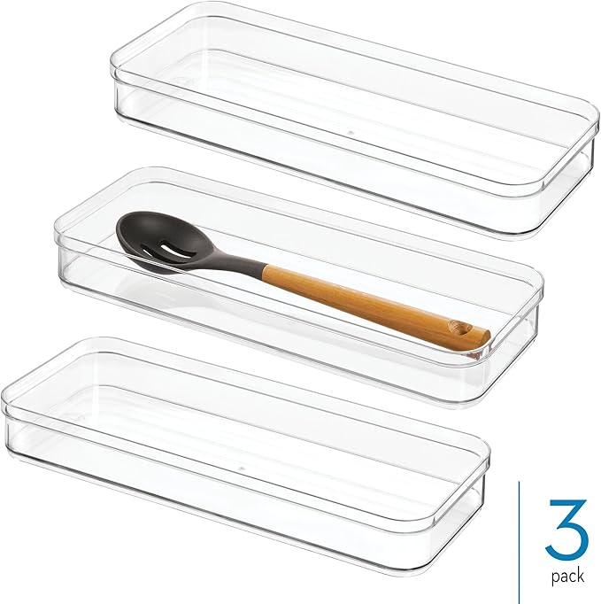 iDesign Plastic Drawer Organizer Bins - Storage for Kitchen, Bathroom, and Desk Drawers - Set of 3 - Clear