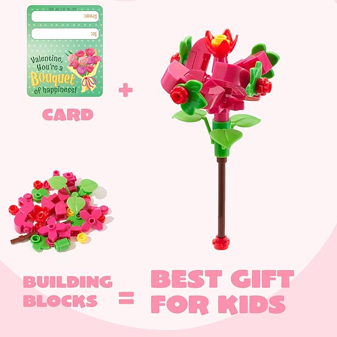 JOYIN 24 Pcs Valentine's Day Flower Bouquet Building Blocks with Cards, 6 Flower Block Designs with 6 Matching Tags, Valentines Day Gifts for Kids School Classroom Exchange Prize Party Favor