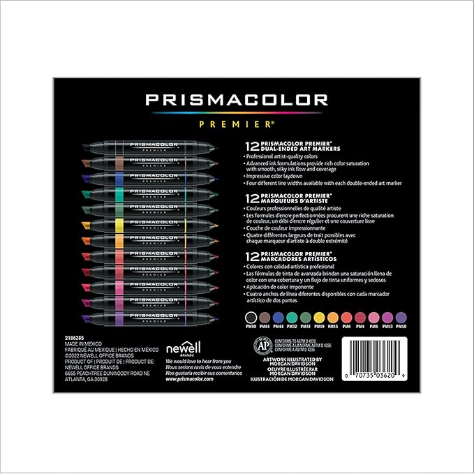 Prismacolor Premier Dual-Ended Art Markers, Chisel and Fine Tips, Primary Colors, 12 Count - Art Supplies, Alcohol-Based Ink, Coloring, Creative, Artist, Adult Coloring