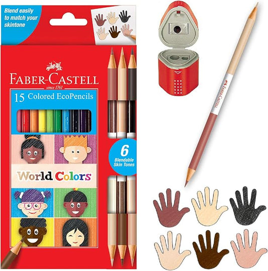 Faber-Castell World Colors Ecopencils - 15 Colored Pencils & Grip Trio Pencil Sharpener (Sharpener Color May Vary)
