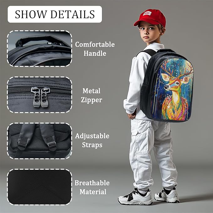 Deer Backpack Set 3 Piece School Bags and Lunch Box with Pencil Case Colorful Elk Bookbag Set for Toddler Kids Girls Boys Teens Kindergarten Elementary Middle