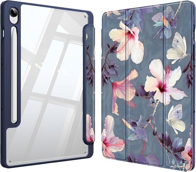 Fintie Hybrid Slim Case for Samsung Galaxy Tab S10 Lite/ S10 FE/ S9 FE 10.9 Inch/Tab S9 11 Inch with S Pen Holder, Shockproof Cover with Clear Transparent Back Shell, Auto Wake/Sleep,Blooming Hibiscus