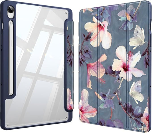 Fintie Hybrid Slim Case for Samsung Galaxy Tab S10 Lite/ S10 FE/ S9 FE 10.9 Inch/Tab S9 11 Inch with S Pen Holder, Shockproof Cover with Clear Transparent Back Shell, Auto Wake/Sleep,Blooming Hibiscus