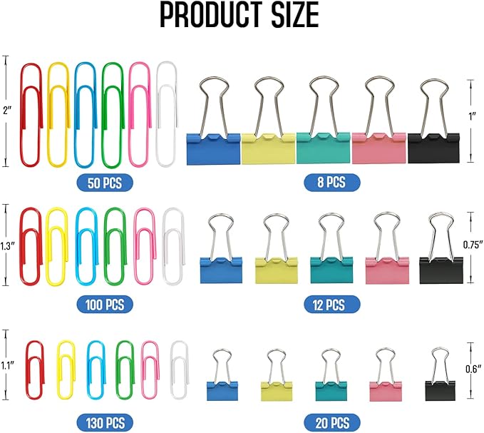 Paper Clips Binder Clips Set, Paperclips Large Medium and Small, 320PCS Colored Paper Clips and Binder Clips Assorted Sizes for Home Office School Document Organizing