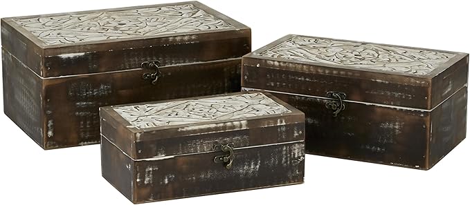 Deco 79 Wood Floral Handmade Decorative Box Decorative Keepsake Boxes with Hinged Lid, Set of 3 Storage Boxes 12", 11", 9"W, Brown