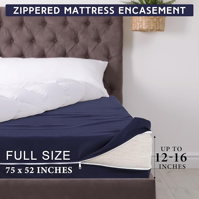 Zippered Mattress Fitted Protector Deep Mattress Encasement Soft Zipper Fitted Sheet Microfiber Bed Sheet Cover for Bed(Navy Blue,Full,12-16in)