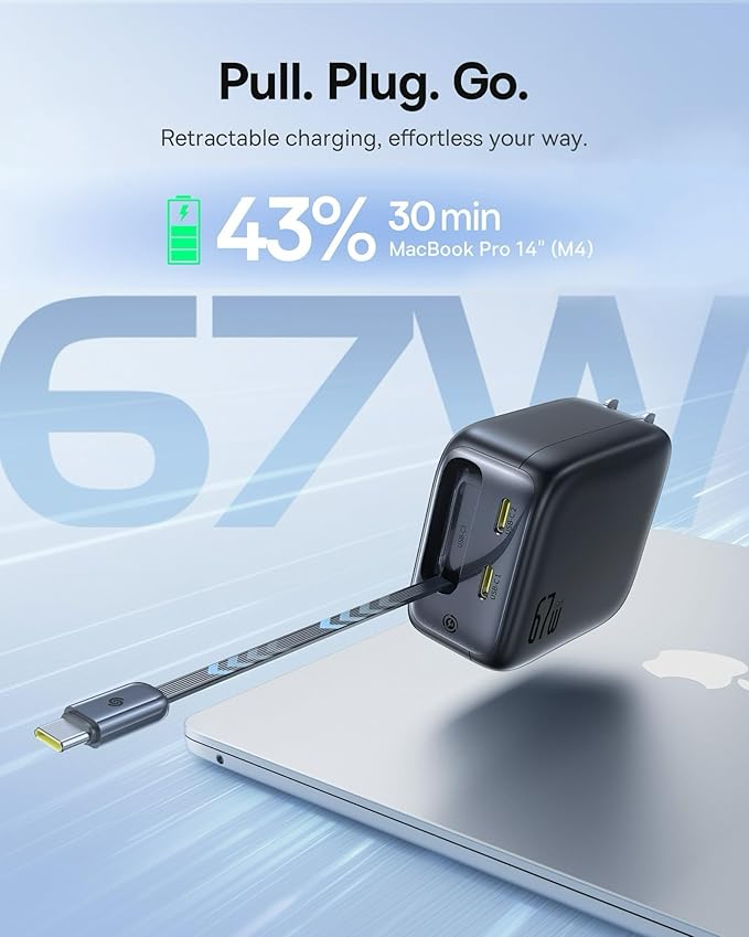 Baseus Retractable USB C Charger, 67W 3 in 1 Fast Charging Block with Foldable Plug, Enercore CJ11 PD/PPS for Galaxy S25/iPhone 17/16/15 Series/MacBook Air/Airpods 4