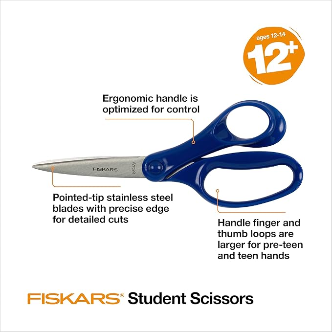 Fiskars 7" Student Scissors for Kids Ages 12-14, Scissors for School or Crafting, Back to School Supplies, Blue