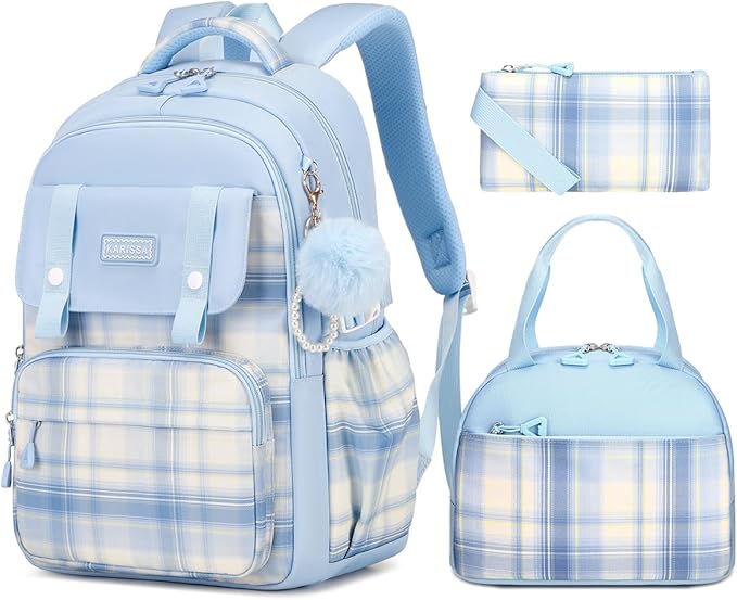 Girls Backpack with Lunch Box 3Pcs, Waterproof School Bag Set for Teen Elementary Middle School, Multi-Pocket Laptop Bookbag Lightweight, Blue