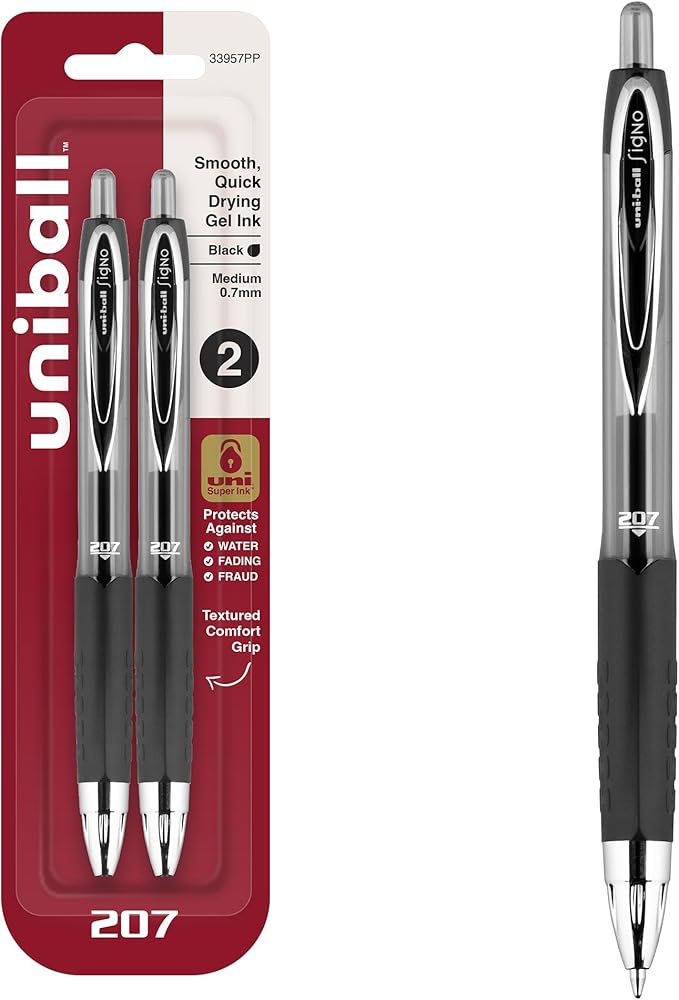 uniball 207 Retractable Gel Pens, Medium Point (0.7mm), Black, 2 Pack