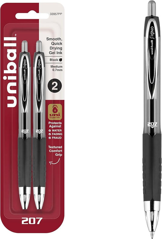uniball 207 Retractable Gel Pens, Medium Point (0.7mm), Black, 2 Pack