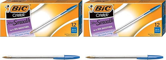 BIC Cristal Xtra Smooth Blue Ballpoint Pens, Medium Point (1.0mm), 12-Count Pack, Extra Smooth and Reliable Ballpoint Pens (Pack of 2)
