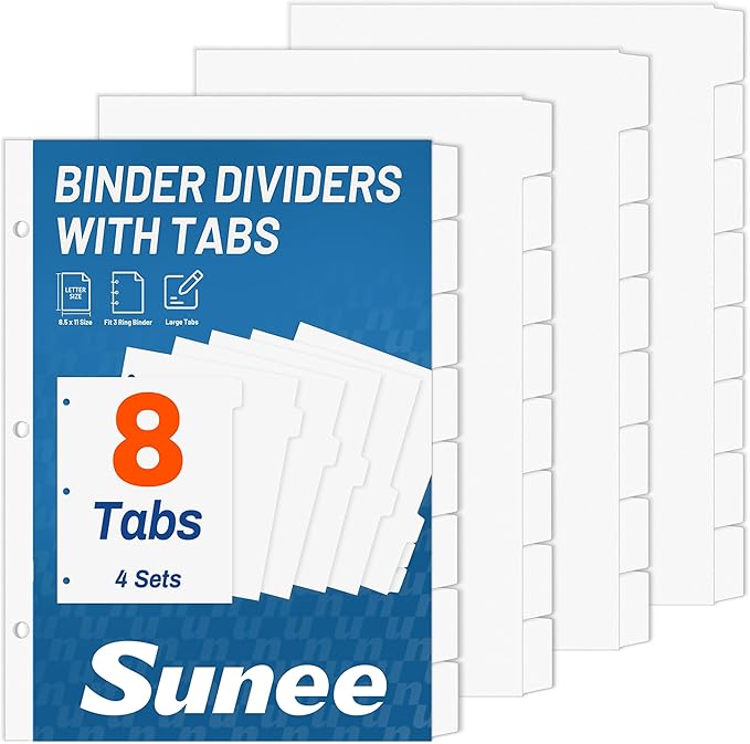 SUNEE Binder Dividers with Tabs for 3 Ring Binder, 8.5 x 11 Paper White Binder Dividers Blank with 8 Tabs, 4 Sets Page Dividers for School, Office and Home, 32 Dividers