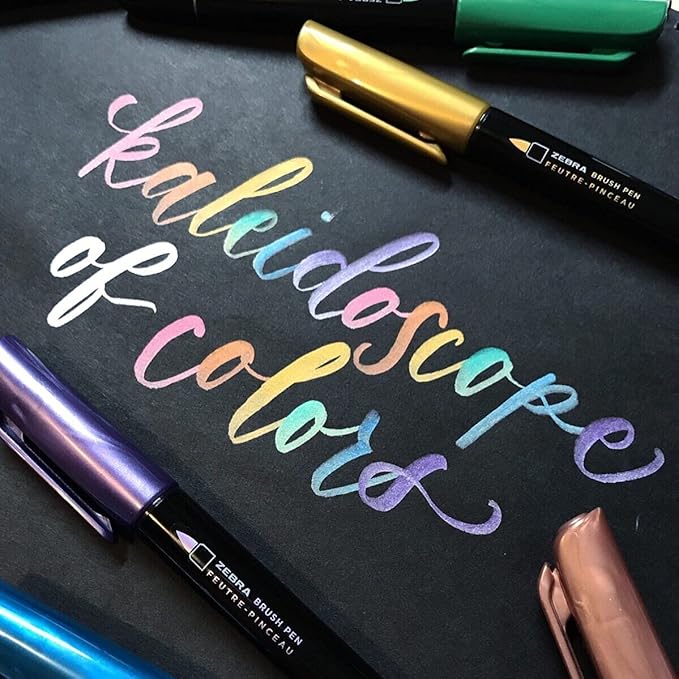 Zebra Pen, Metallic Brush Pens, Assorted Metallic Ink Colors, Medium Brush Tip Mimics Artist’s Paint Brush for Calligraphy, Acid-Free Ink for Light and Dark Paper, 7-Pack (01607)