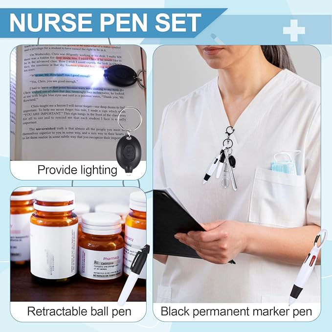 6 Pcs Nurse Pens for Badge Set,Nurse Badge Accessories with Reel Pen,Nursing Accessories Healthcare with Pens,Highlighter and Permanent Marker Pen and Led Keychain Foldable Scissors(Silver)