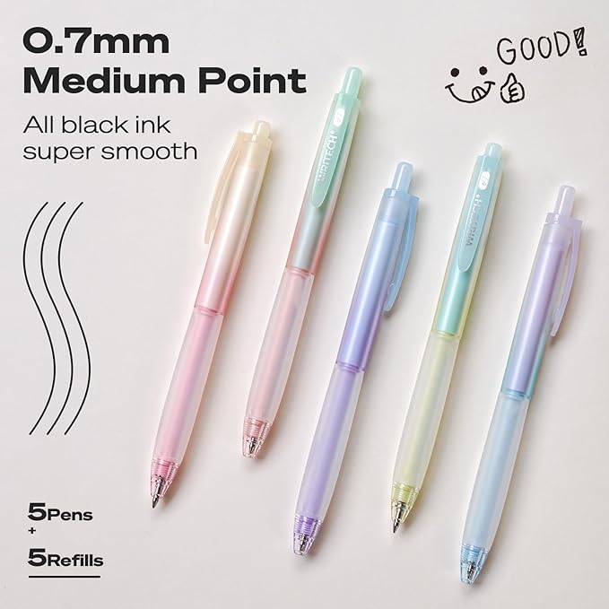 WRITECH Retractable Gel Ink Pens: 0.7mm Fine Point Black-Ink Aesthetic Gradient Color Barrel Soft Grip Medium Point Pen 5ct with 5 Refills for Journaling Smooth Writing Quick-dry No Bleed