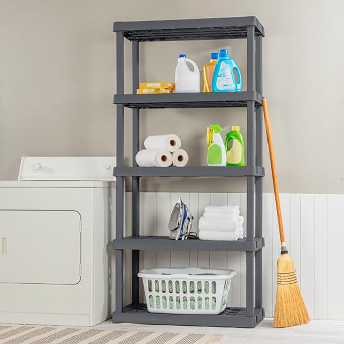 Sterilite 5 Shelf Plastic Storage Unit Bundled with Easy to Assemble Storage Cabinet for Garage, Pantry & Kitchen Organization, 4 Shelves, Gray