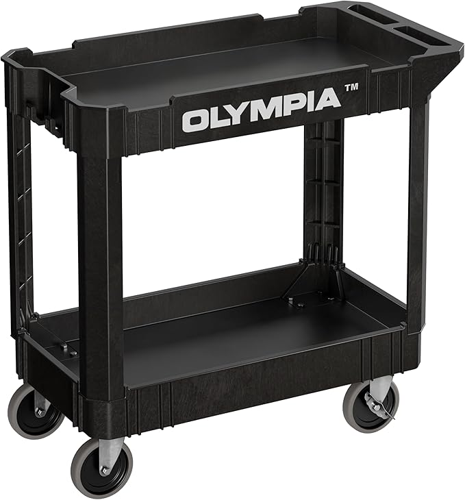 Olympia Tools 2 Tier Rolling Carts with Wheels – 500lbs Heavy Duty Utility Cart, Locking Swivel Wheels – Work Cart for Garage, Service & Industrial Use, Built-in Ruler
