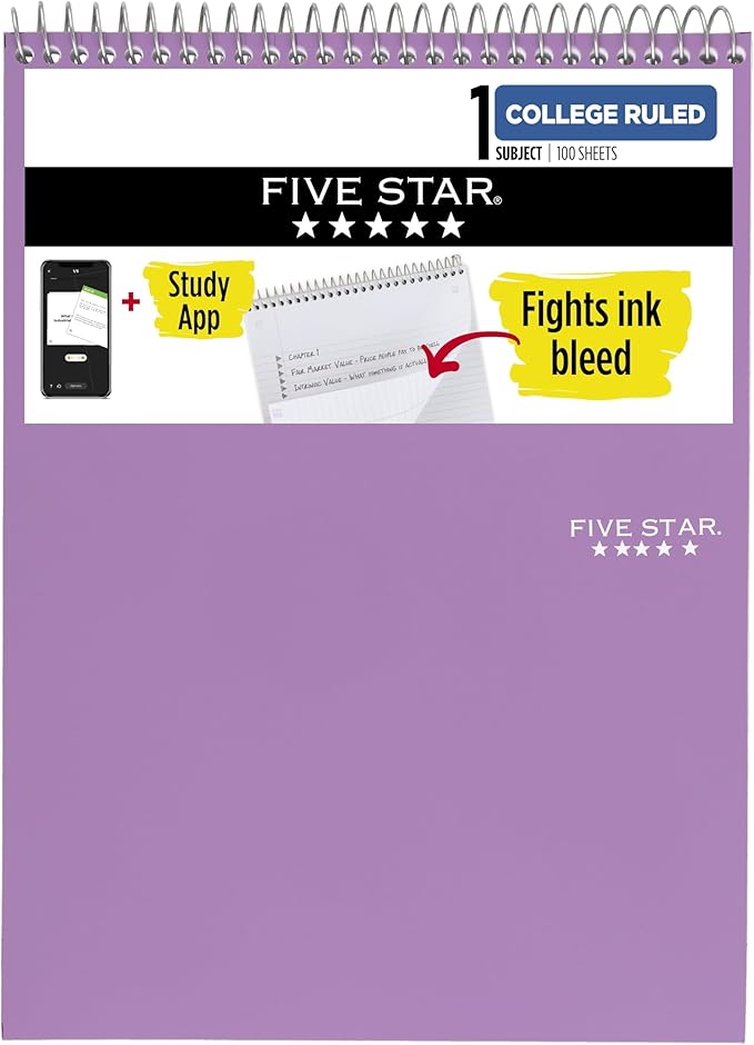 Five Star Top Spiral Notebook + Study App, 1 Subject, College Ruled Notepad, 8-1/2" x 11", 100 Sheets, Fights Ink Bleed, Water Resistant Cover, Amethyst Purple (820058B-ECM)